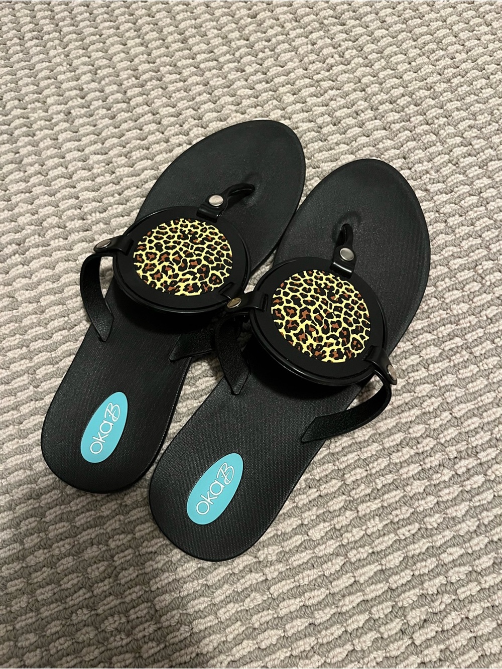 OKA b. Black Sandals with Leopard Print Medallions